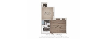 A floor plan of a small apartment with a bedroom, living/dining area, and kitchen.