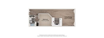 A diagram shows a bedroom, bathroom, kitchen, and living/dining room layout.