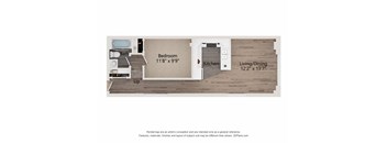 A floor plan of a room with a bedroom, kitchen, and living/dining area.