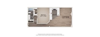 A 3D floor plan of a small apartment with a bedroom, bathroom, kitchen, and living/dining area.