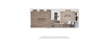 A floor plan of a small apartment with a living room, dining room, bedroom, and bathroom.