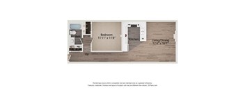 A floor plan of a small apartment with a bedroom, kitchen, and bathroom.