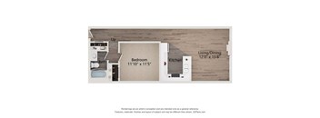 A floor plan of a small apartment with a bedroom, kitchen, and bathroom.