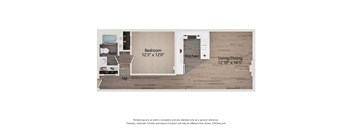 A floor plan of a small apartment with a bedroom, kitchen, and living/dining area.