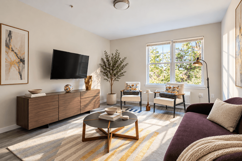 A living room with a brown sofa, a coffee table, and a flat screen TV.