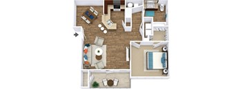 A top-down view of a living room, kitchen, and bedroom in a house.