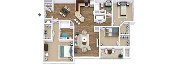 A top-down view of a house layout with a living room, kitchen, and bedrooms.