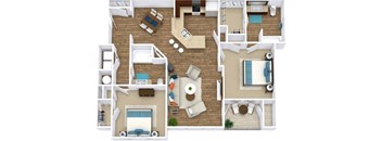 A top-down view of a house layout with a pool and multiple rooms.
