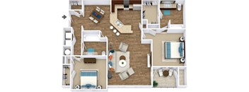 A top-down view of a house layout with a kitchen, living room, and bedrooms.