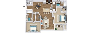 A top-down view of a house layout with a living room, dining area, kitchen, and bedrooms.