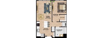 A floor plan of a small apartment with a living room, dining room, kitchen, and two bathrooms.