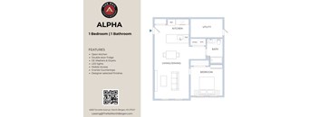A floor plan for a one bedroom apartment with a kitchen, bathroom, and living/dining area.