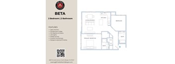 A floor plan for a two bedroom, two bathroom apartment with features listed on the left.