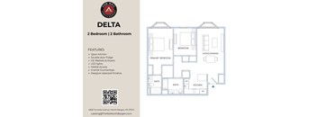A floor plan for a two bedroom, two bathroom apartment with features listed on the left.
