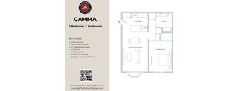 A floor plan of a one bedroom apartment with a kitchen and bathroom.
