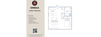A floor plan for a property called Omega Studio with one bathroom is shown.