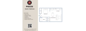 A floor plan for a studio apartment with one bathroom is shown, along with a list of features and contact information.
