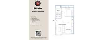 A floor plan of a studio apartment with one bathroom is shown along with a list of features.