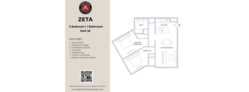 A floor plan for a Zeta apartment with 2 bedrooms and 1 bathroom is displayed.