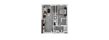 A 3D floor plan of a small apartment with a kitchen, living room, and bathroom.