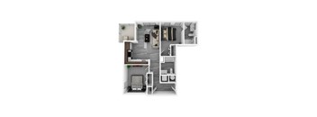 A white floor plan of a house with a kitchen, living room, and bathroom.
