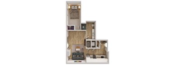 A dollhouse with a living room, kitchen, and bedroom.