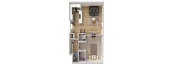 A top down view of a small apartment with a bedroom, living room, and kitchen.