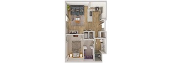 A small room with a bed, a table, and a chair.