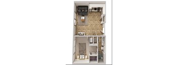 A dollhouse with a living room and a bedroom.