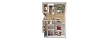 A dollhouse with a living room, kitchen, and bathroom.