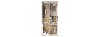 A top down view of a small apartment with a kitchen, living room, and bathroom.