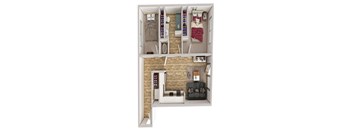 A floor plan of a small apartment with a living room and a bedroom.