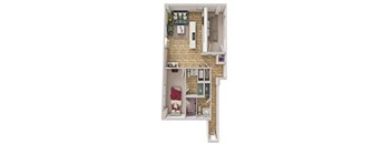 A top down view of a small apartment with a bedroom, living room, and kitchen.