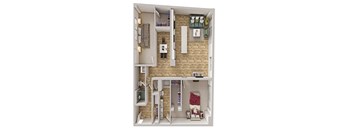 A dollhouse with a brick wall and furniture.
