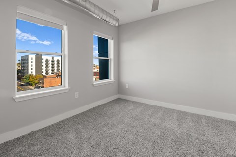 A room with a grey carpet and two windows.