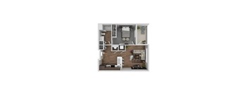 A top down view of a small apartment with a kitchen, living room, and bathroom.