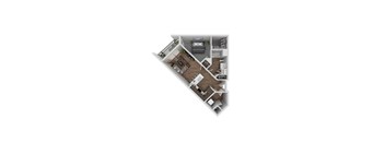 A 3D floor plan of a small apartment with a kitchen, living room, and bedroom.