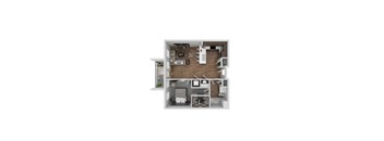 A top down view of a house with a kitchen, living room, and bedrooms.