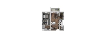 A 3D floor plan of a small apartment with a kitchen, living room, and bedroom.