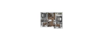 A floor plan of a small apartment with a kitchen, living room, and two bedrooms.