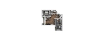 A 3D floor plan of a house with a kitchen, living room, and bathroom.