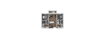 A floor plan of a two-story apartment with a living room, kitchen, and two bedrooms.