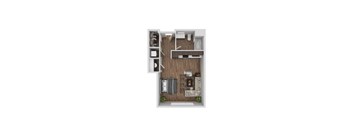 A top down view of a small apartment with a kitchen, living room and two beds.