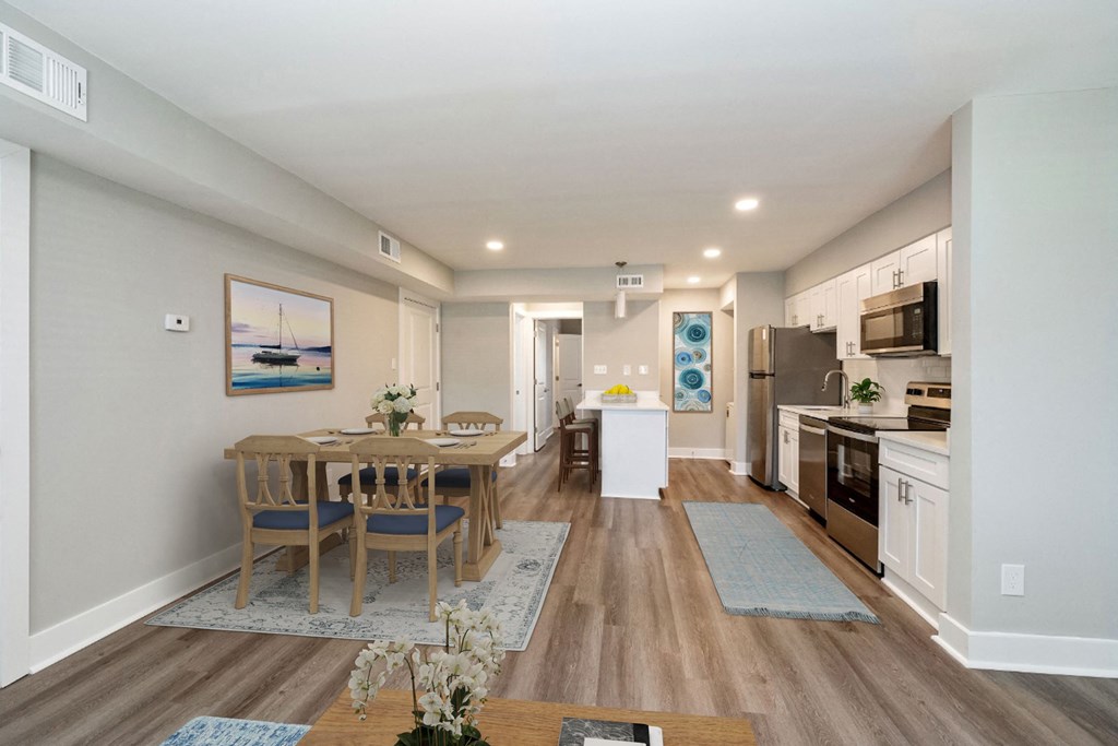 Living Room and Kitchen at The Courtyards of Chanticleer Apartments, Virginia