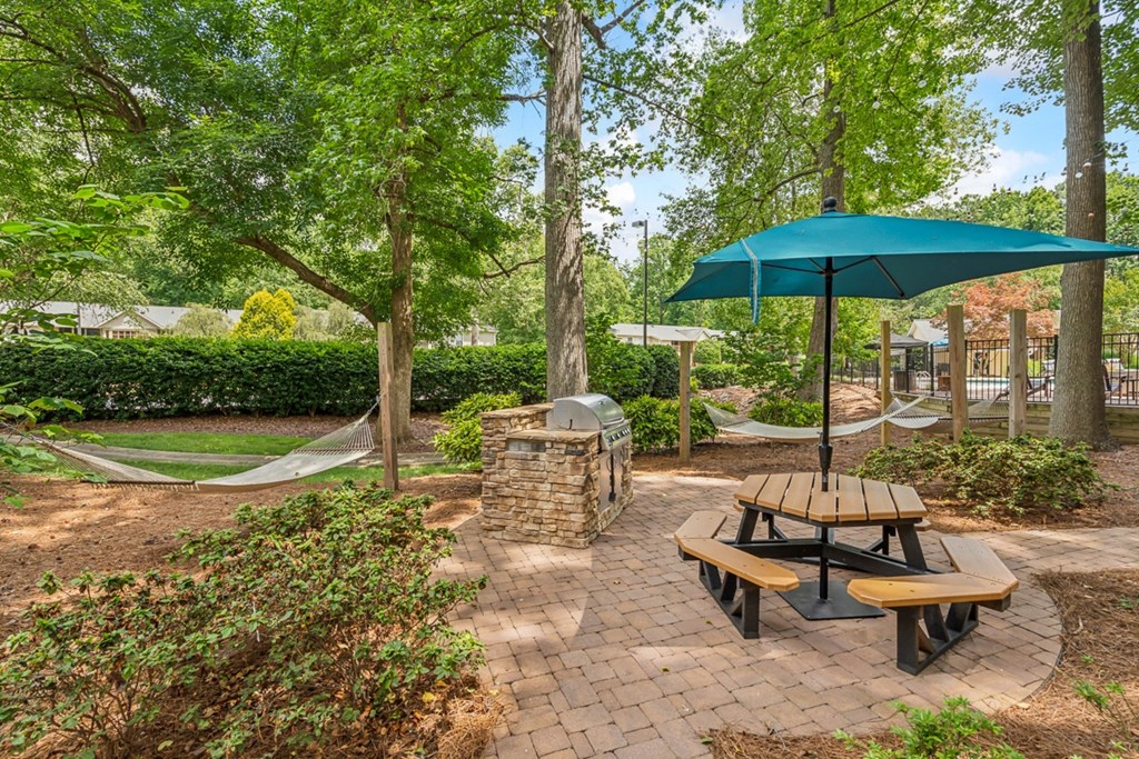 a picnic table with an umbrella and a hammock in a park