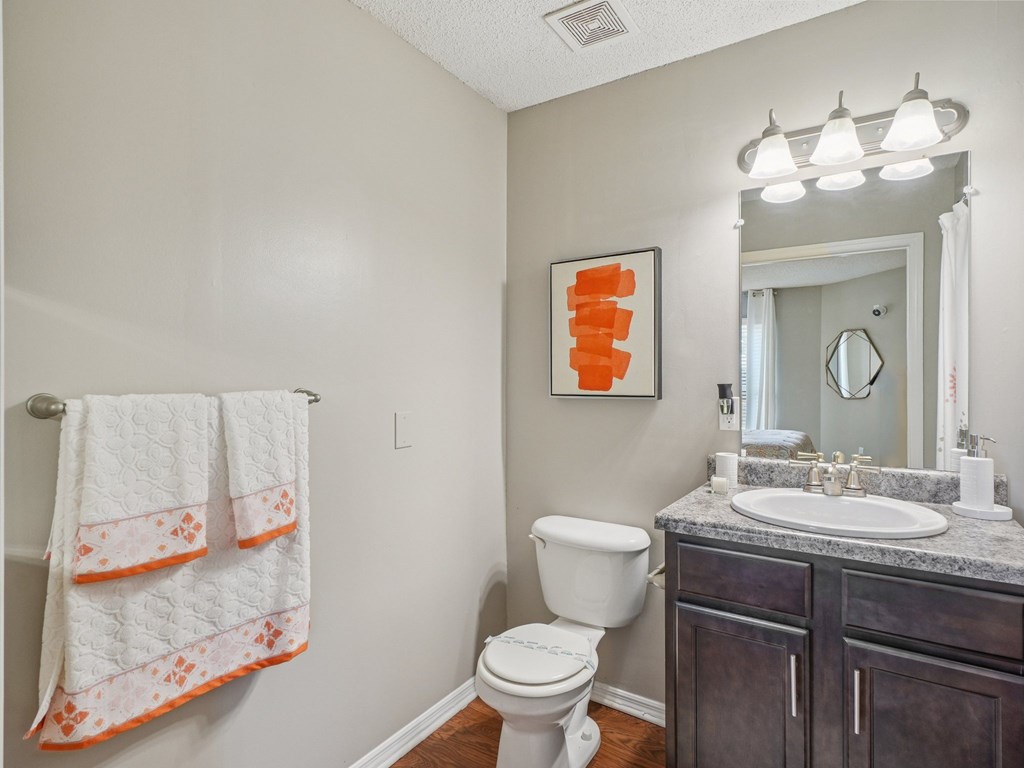 A bathroom with a toilet, sink, and a mirror at The Falls Apartments in Raleigh NC