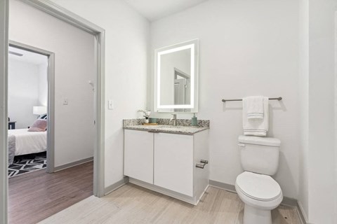 a bathroom with a toilet sink and mirror at The Constellation Apartments, PRG Real Estate, Hampton, Virginia