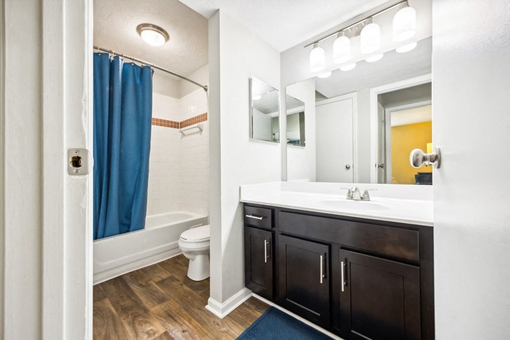 a bathroom with a shower and a sink and a mirror at River Oak Apartments, Kentucky, 40206