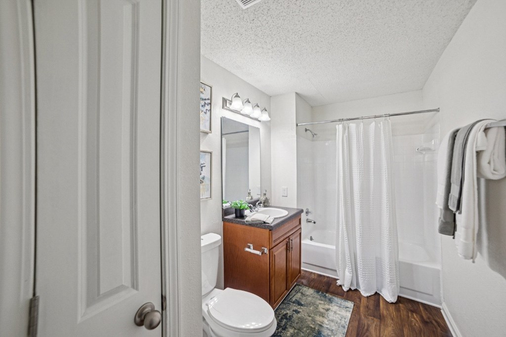 A white bathroom with a toilet, sink, and shower at Willow Ridge Apartments, North Carolina, 28210