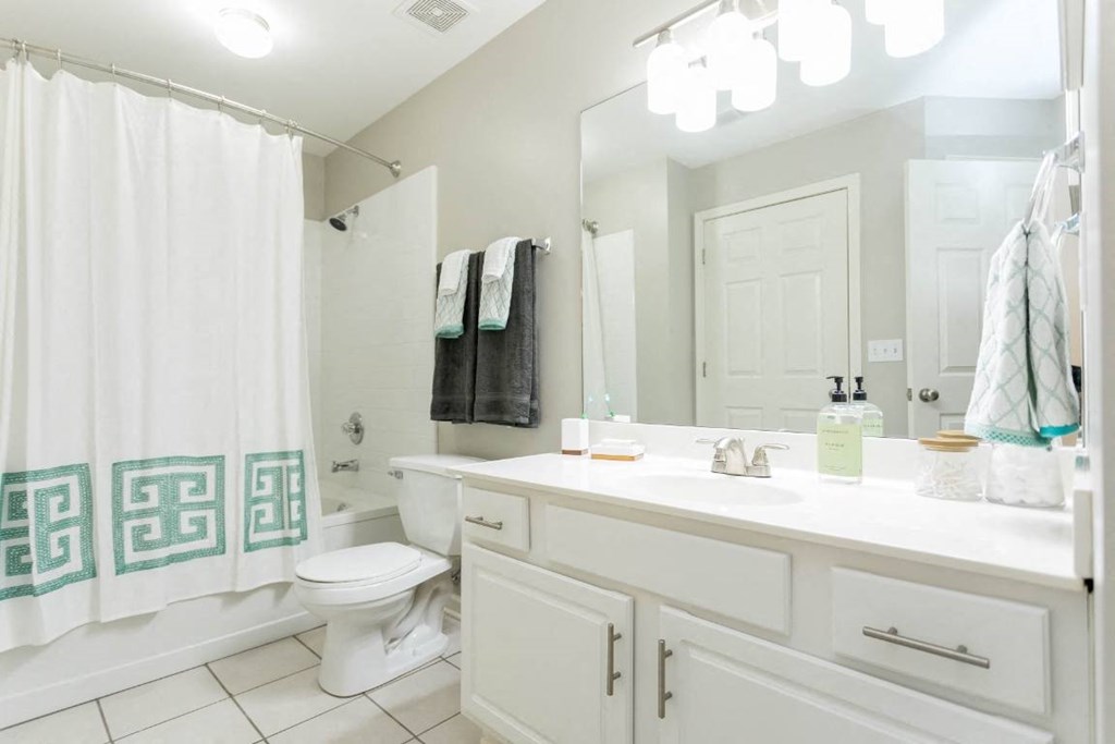 a bathroom with a sink toilet and shower at The Resort At Lake Crossing Apartments, PRG Real Estate, Lexington, KY